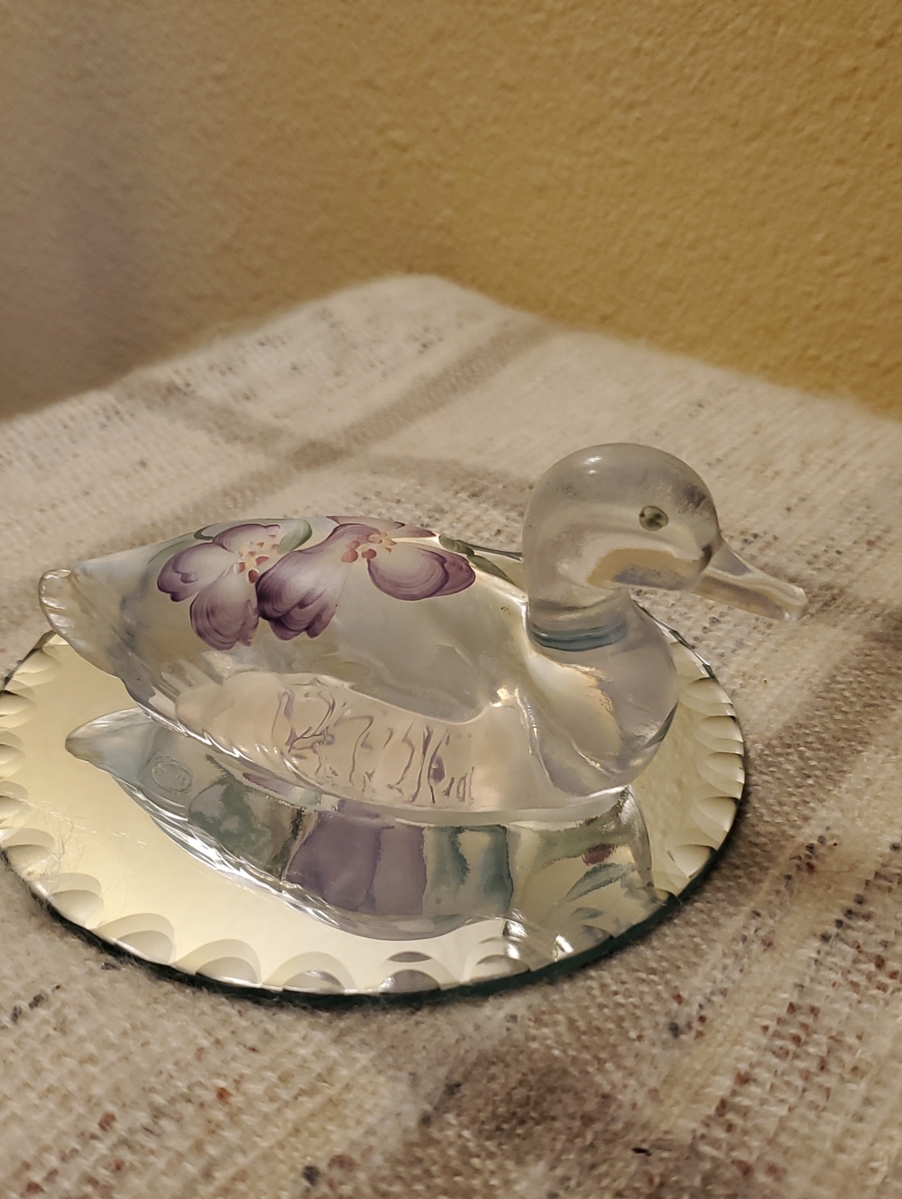 Fenton Hand-Painted Glass Duck Figurine - Clear with Purple Floral Accents